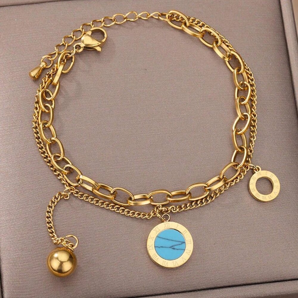 18k Gold Filled Layered Charm Bracelet with Turquoise Accent